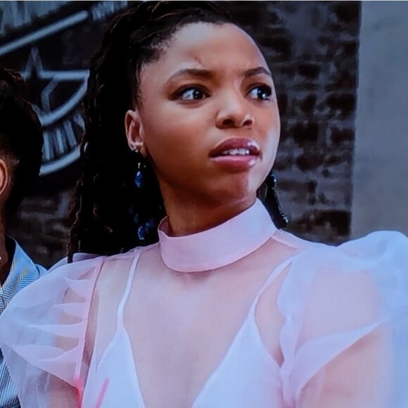 H&M Pink Sheer Puff Sleeves Top worn by Chloe Bailey as Jazlyn on Grown-Ish TV - Picture 1 of 7